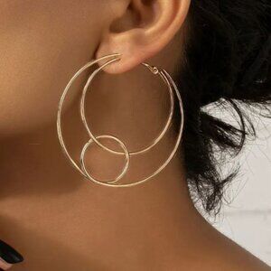 NEW Modernist Gold Plated Double Circle Hoop Earrings